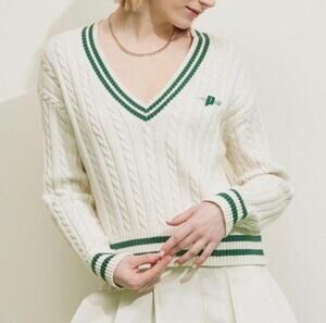 Prince Pickleball Cable Knit Cricket Tennis V Neck Cotton preppy  Sweater M